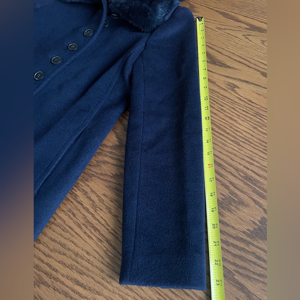 Club Monaco Rania Navy Blue Wool Coat With Faux Fur Collar Size SP - Picture 8 of 11
